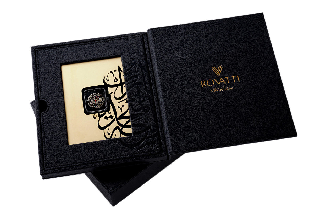 ساعة روفاتي الإماراتية سوداء لامعة بشعار ذهبي